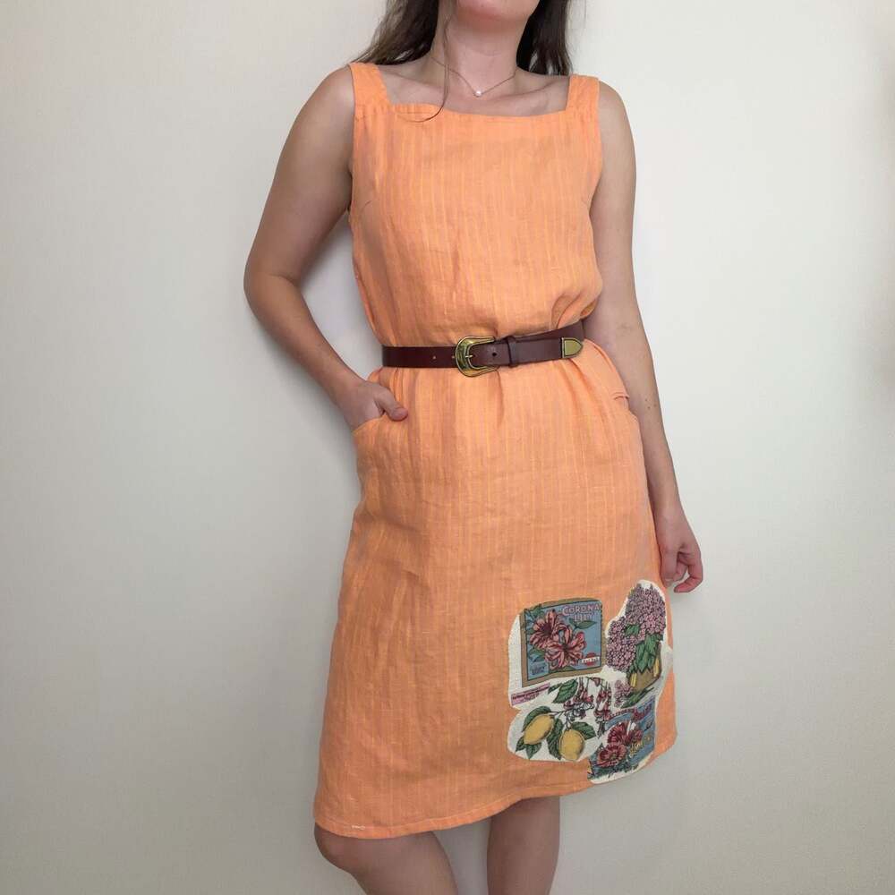 Vintage Linen Sleeveless Shift Dress with Botanical Applique